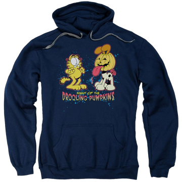 Navy pullover hoodie with Garfield Drooling Pumpkins graphic