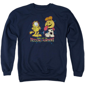 Navy men's crewneck sweatshirt with Garfield Drooling Pumpkins graphic