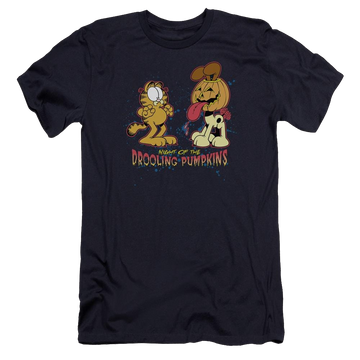 Navy men's premium slim fit t-shirt with Garfield Drooling Pumpkins graphic