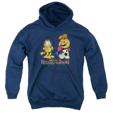 Navy youth hoodie for ages 8 to 12 with Garfield Drooling Pumpkins graphic