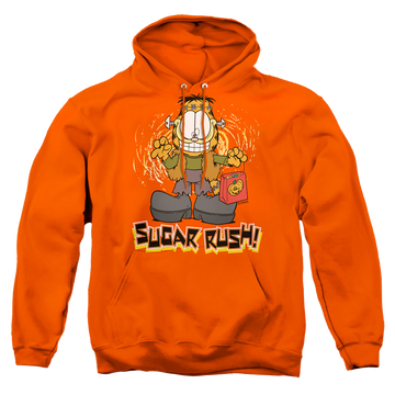 Orange pullover hoodie with Garfield Sugar Rush graphic