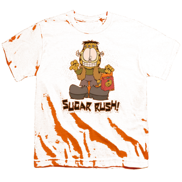 Orange youth t-shirt for ages 8 to 12 with Garfield Sugar Rush graphic