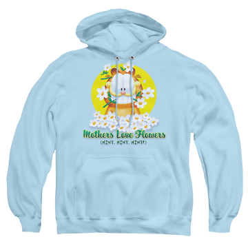 Light blue pullover hoodie with Garfield Mothers Love Flowers graphic