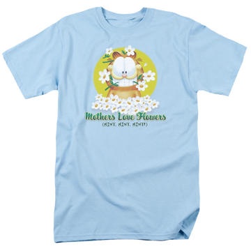 Light blue men's regular fit t-shirt with Garfield Mothers Love Flowers graphic
