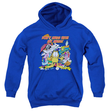 Royal youth hoodie for ages 8 to 12 with Garfield My Mess graphic