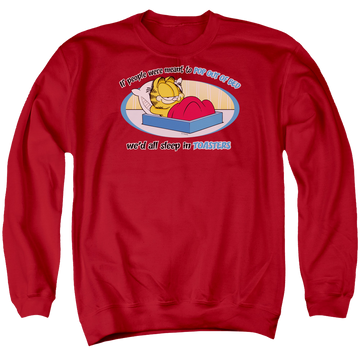 Red men's crewneck sweatshirt with Garfield Pop Out Of Bed graphic