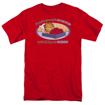 Red men's regular fit t-shirt with Garfield Pop Out Of Bed graphic