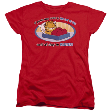 Red women's t-shirt with Garfield Pop Out Of Bed graphic