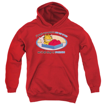 Red youth hoodie for ages 8 to 12 with Garfield Pop Out Of Bed graphic
