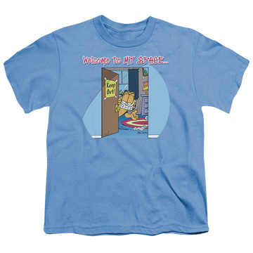 Carolina blue youth t-shirt for ages 8 to 12 with Garfield Welcome To Myspace graphic