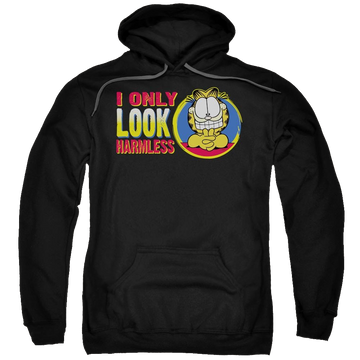 Black pullover hoodie with Garfield I Only Look Harmless graphic