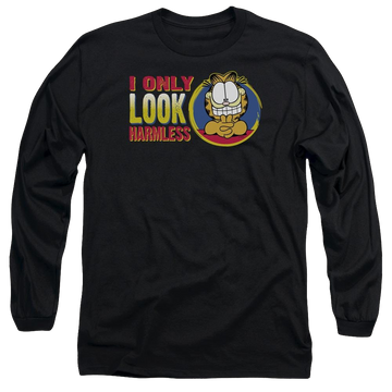 Black men's long sleeve t-shirt with Garfield I Only Look Harmless graphic