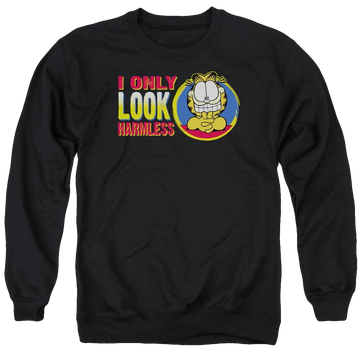Black men's crewneck sweatshirt with Garfield I Only Look Harmless graphic