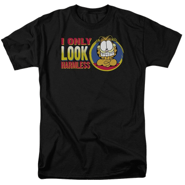 Black men's regular fit t-shirt with Garfield I Only Look Harmless graphic