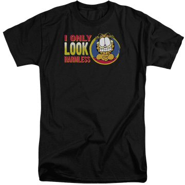 Black men's tall fit t-shirt with Garfield I Only Look Harmless graphic
