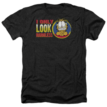 Charcoal men's heather t-shirt with Garfield I Only Look Harmless graphic