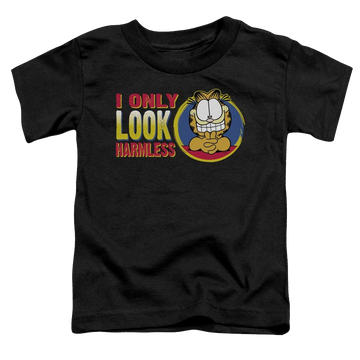 Black toddler t-shirt with Garfield I Only Look Harmless graphic