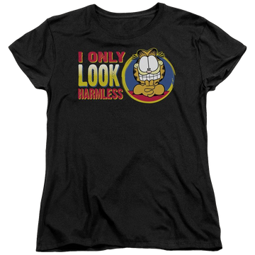Black women's t-shirt with Garfield I Only Look Harmless graphic