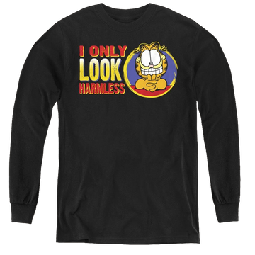 Black youth long sleeve t-shirt with Garfield I Only Look Harmless graphic