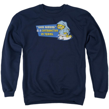 Navy men's crewneck sweatshirt with Garfield Contradicition In Terms graphic