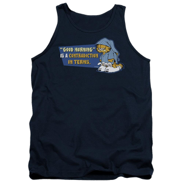Navy men's tank with Garfield Contradicition In Terms graphic