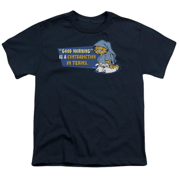 Navy youth t-shirt for ages 8 to 12 with Garfield Contradicition In Terms graphic