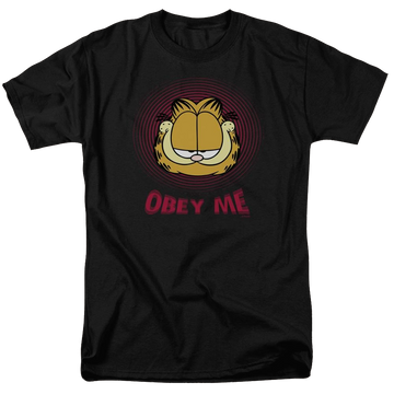 Black men's regular fit t-shirt with Garfield Obey Me graphic