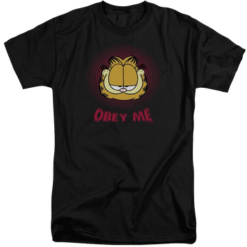 Black men's tall fit t-shirt with Garfield Obey Me graphic