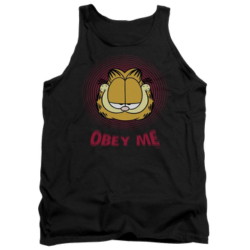 Black men's tank with Garfield Obey Me graphic
