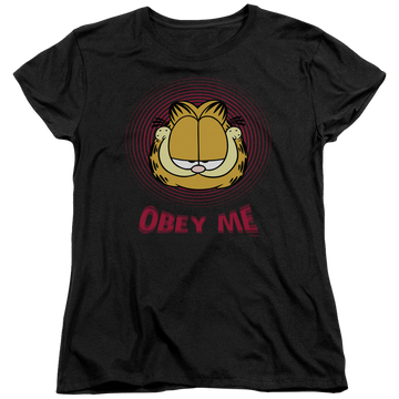 Black women's t-shirt with Garfield Obey Me graphic