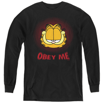 Black youth long sleeve t-shirt with Garfield Obey Me graphic