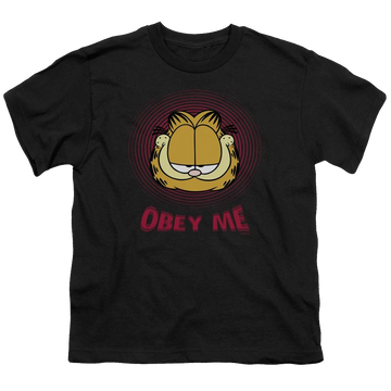 Black youth t-shirt for ages 8 to 12 with Garfield Obey Me graphic