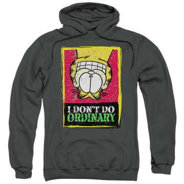 Charcoal pullover hoodie with Garfield I Don't Do Ordinary graphic