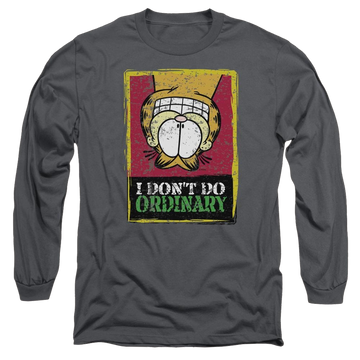 Charcoal men's long sleeve t-shirt with Garfield I Dont Do Ordinary graphic