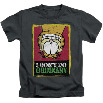 Charcoal kid's t-shirt for ages 4 to 7 with Garfield I Dont Do Ordinary graphic