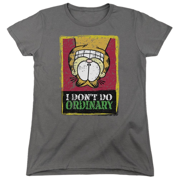 Charcoal women's t-shirt with Garfield I Dont Do Ordinary graphic