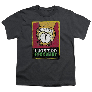 Charcoal youth t-shirt for ages 8 to 12 with Garfield I Dont Do Ordinary graphic