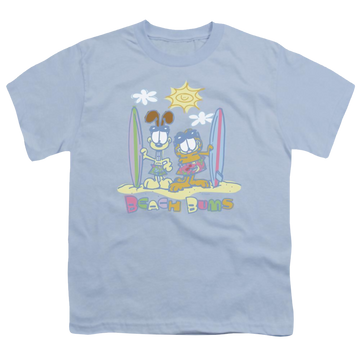 Light blue youth t-shirt for ages 8 to 12 with Garfield Beach Bums graphic