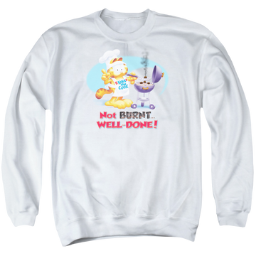 White men's crewneck sweatshirt with Garfield Well Done graphic
