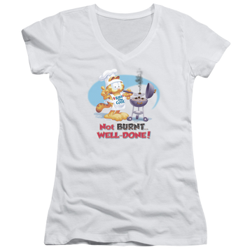White juniors v-neck t-shirt with Garfield Well Done graphic
