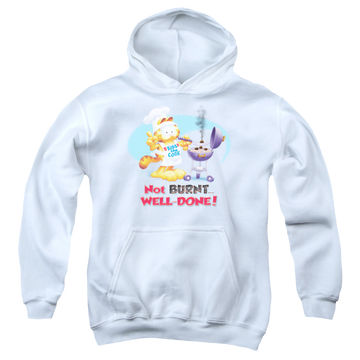White youth hoodie for ages 8 to 12 with Garfield Well Done graphic