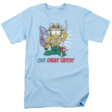Light blue men's regular fit t-shirt with Garfield One Great Catch graphic
