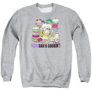 Athletic heather men's crewneck sweatshirt with Garfield Now Dad's Cooking graphic