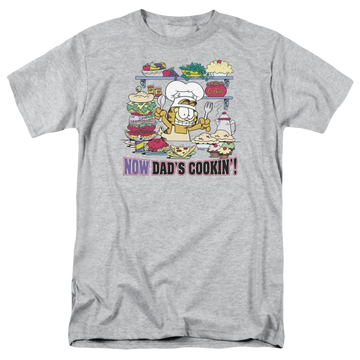Athletic heather men's regular fit t-shirt with Garfield Now Dads Cooking graphic