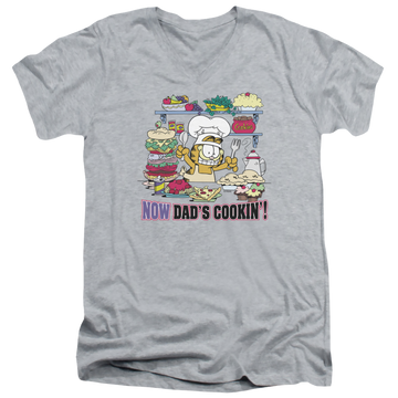 Athletic heather men's v-neck t-shirt with Garfield Now Dads Cooking graphic
