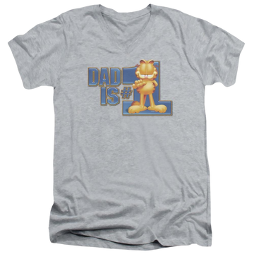 Athletic heather men's v-neck t-shirt with Garfield Dad Is Number One graphic