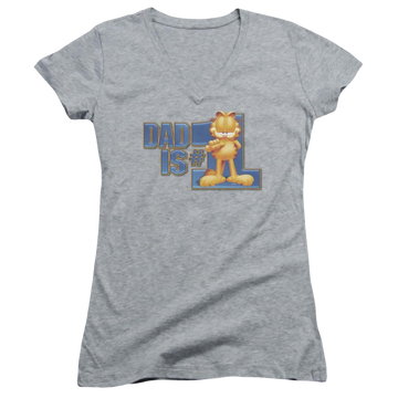 Athletic heather juniors v-neck t-shirt with Garfield Dad Is Number One graphic