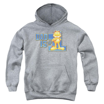 Athletic heather youth hoodie for ages 8 to 12 with Garfield Dad Is Number One graphic