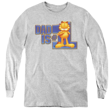 Athletic heather youth long sleeve t-shirt with Garfield Dad Is Number One graphic