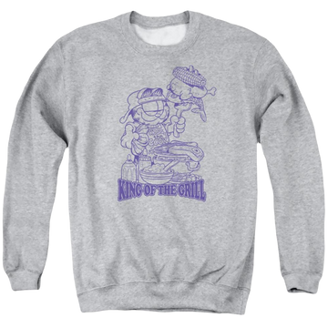 Athletic heather men's crewneck sweatshirt with Garfield King Of The Grill graphic